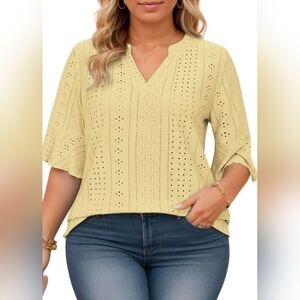 VISLILY Women's Plus-Size-Tops Dressy V Neck 3/4 Length Ruffle Sleeve T Shirts